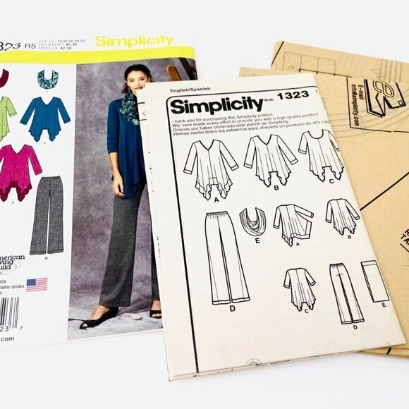 UNCUT Simplicity #1323 Tops Tunics Pants Scarf Sewing Pattern Size 14-22 🧵❤🖤 - Picture 3 of 3